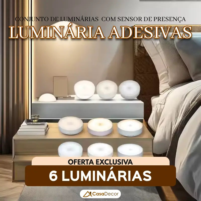 Conjunto de 6 Luminárias Adesivas para Decoração Interna Recarregáveis com Sensor de Presença
