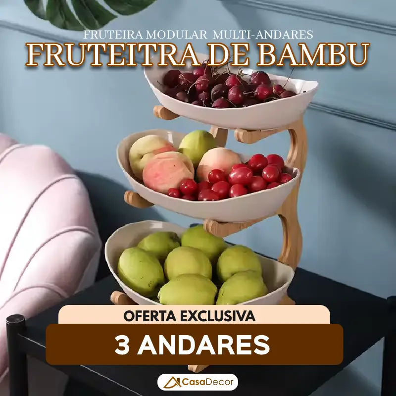 Fruteira de Mesa Artesanal em Bambu de 3 Andares | Modernidade e Luxo