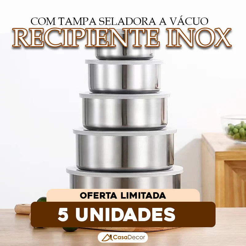 Conjunto de 5 Recipientes em Aço Inox com Tampa Vedadora a Prova de Vazamentos