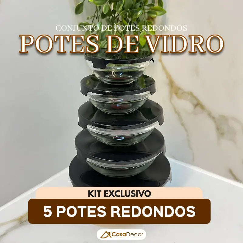 Conjunto de 5 Potes de Vidro Temperado com Tampa Vedadora