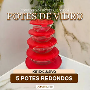 Conjunto de 5 Potes de Vidro Temperado com Tampa Vedadora