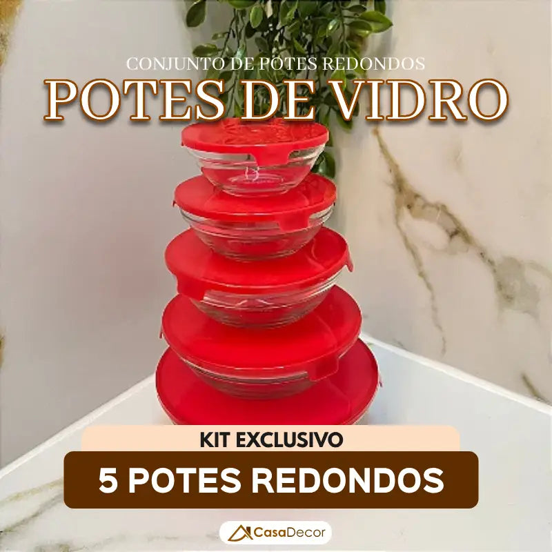 Conjunto de 5 Potes de Vidro Temperado com Tampa Vedadora